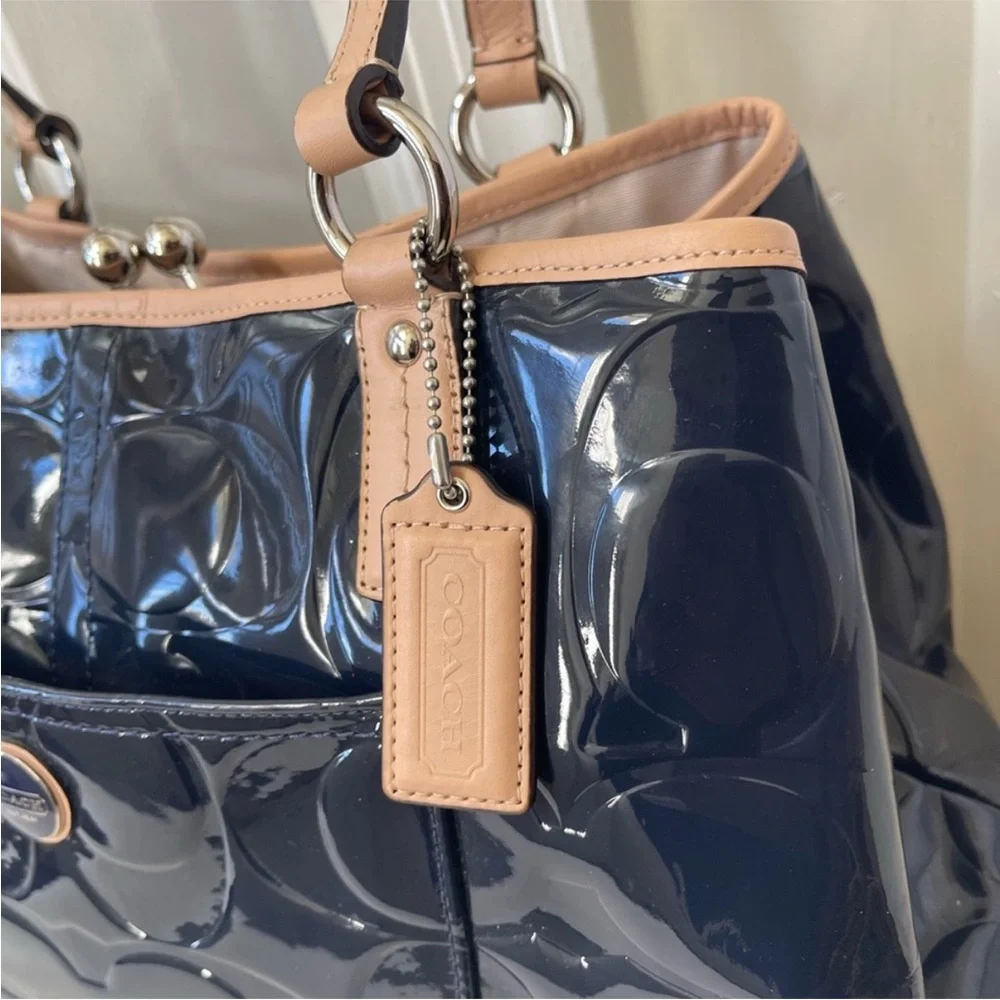 Coach Peyton Signature Embossed Blue Patent Leather Tote